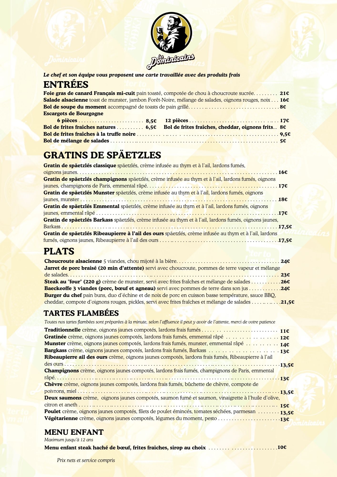 Carte des plats principaux en français, gratins de spaetzlés, spécialités alsaciennes, tartes flambées