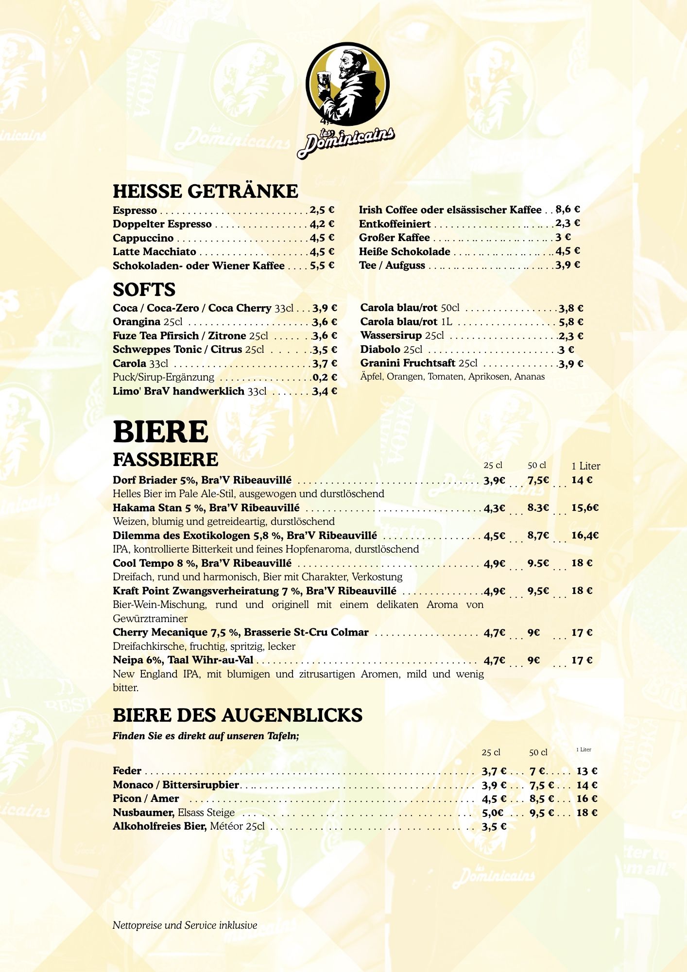 Carte en allemand des bières artisanales, des boissons sans alcool - softs - et des boissons chaudes