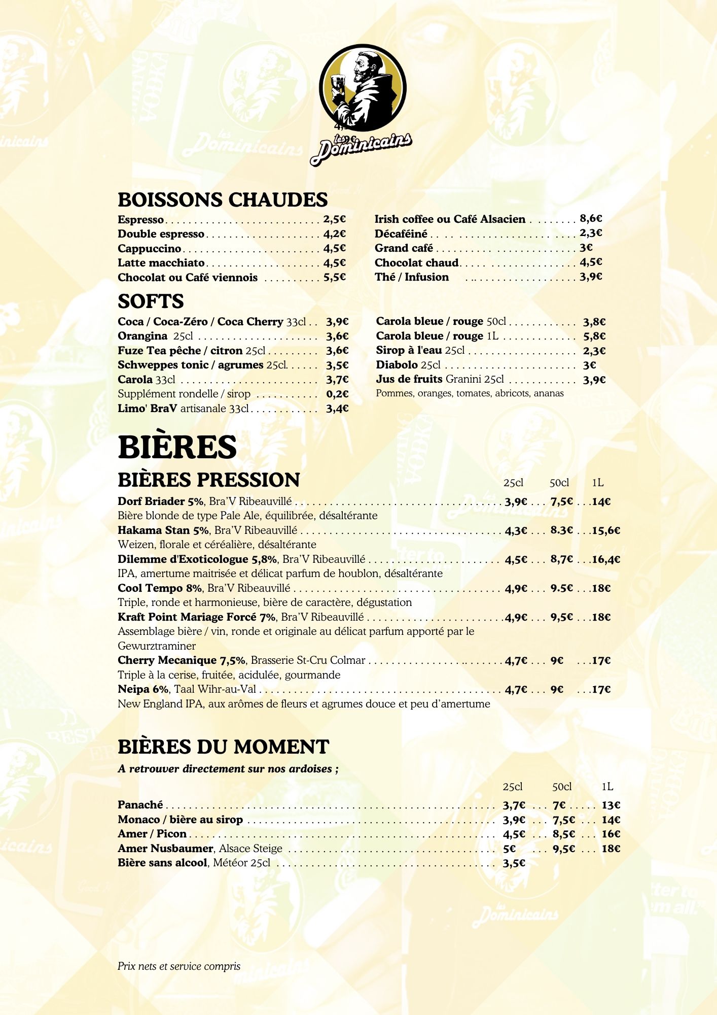 Carte en français des bières artisanales, des boissons sans alcool - softs - et des boissons chaudes