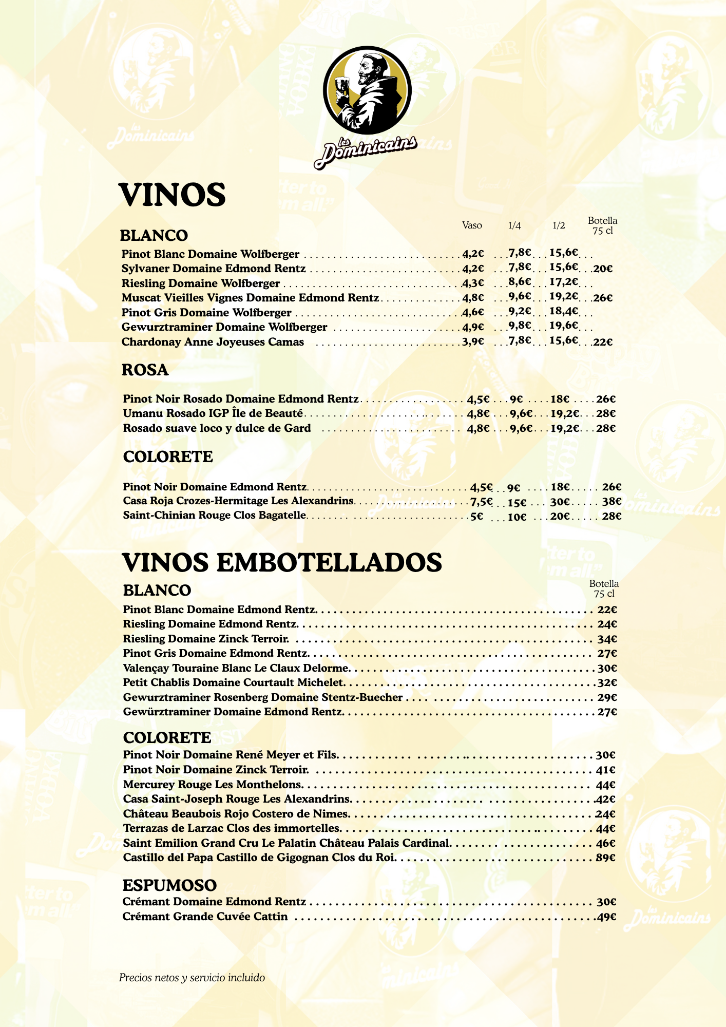 Carte des vins des Dominicains en espagnol