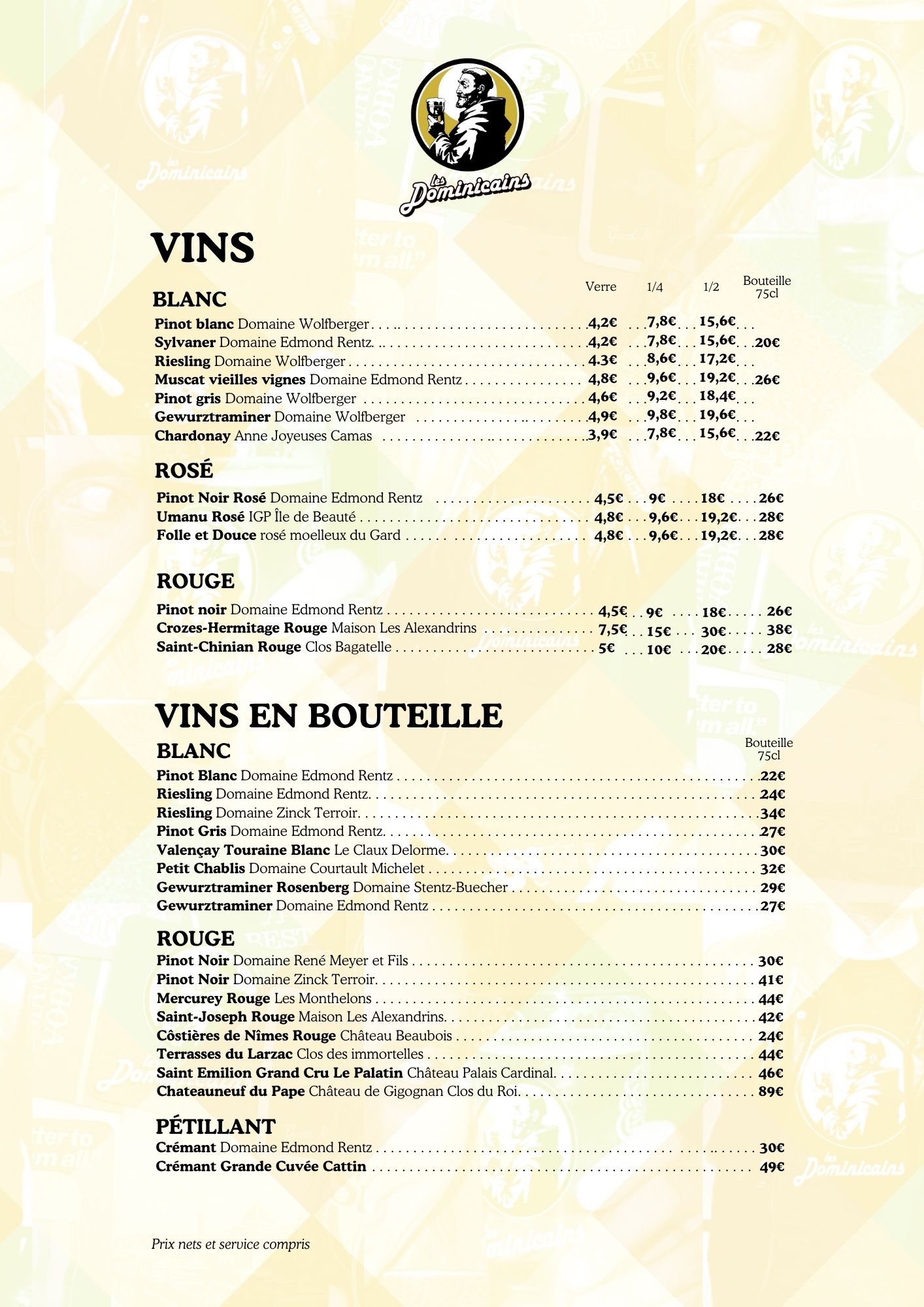 Carte des vins en français des Dominicains
