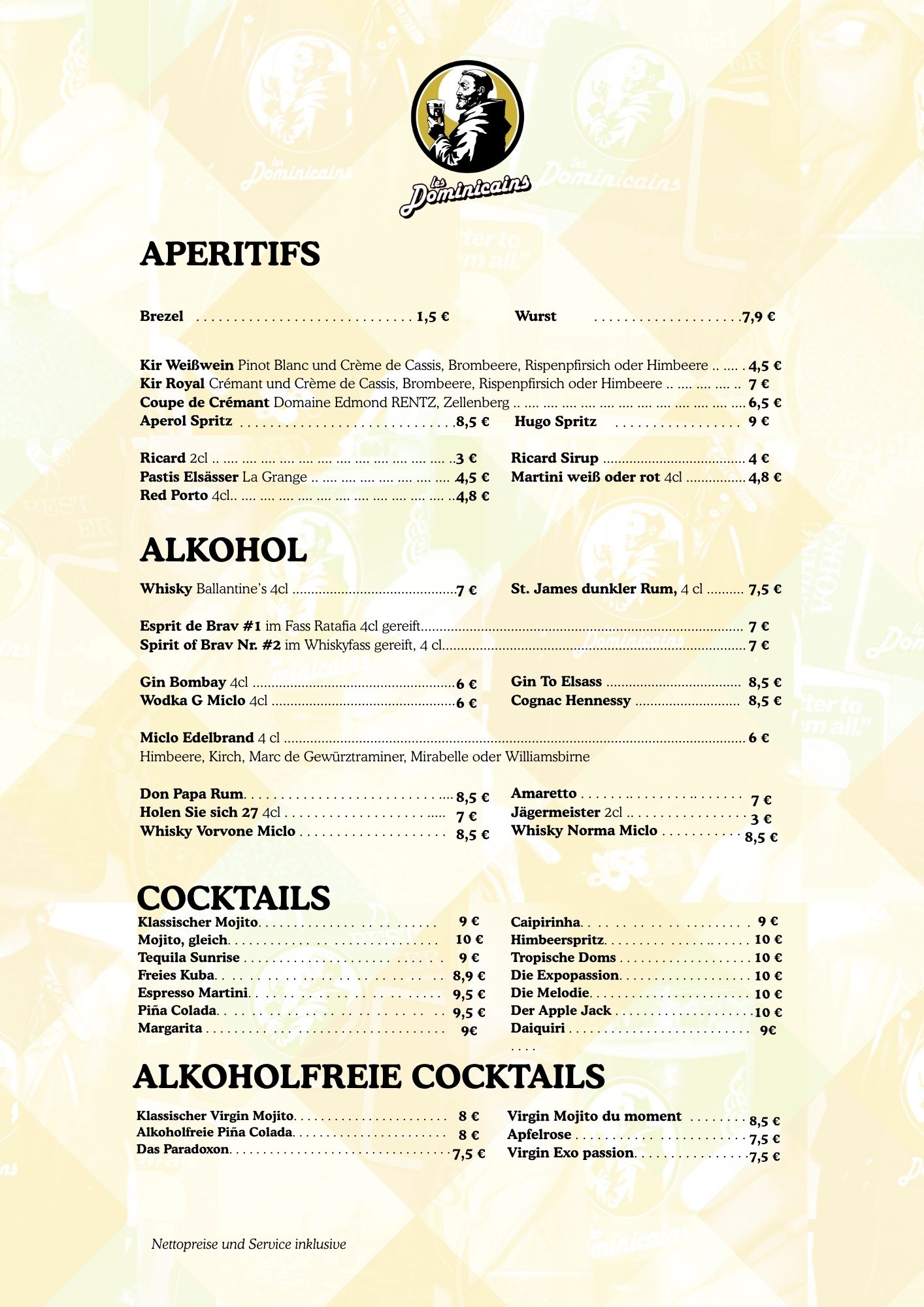 Carte en allemand des apéritifs, des cocktails et des alcools au bar des Dominicains