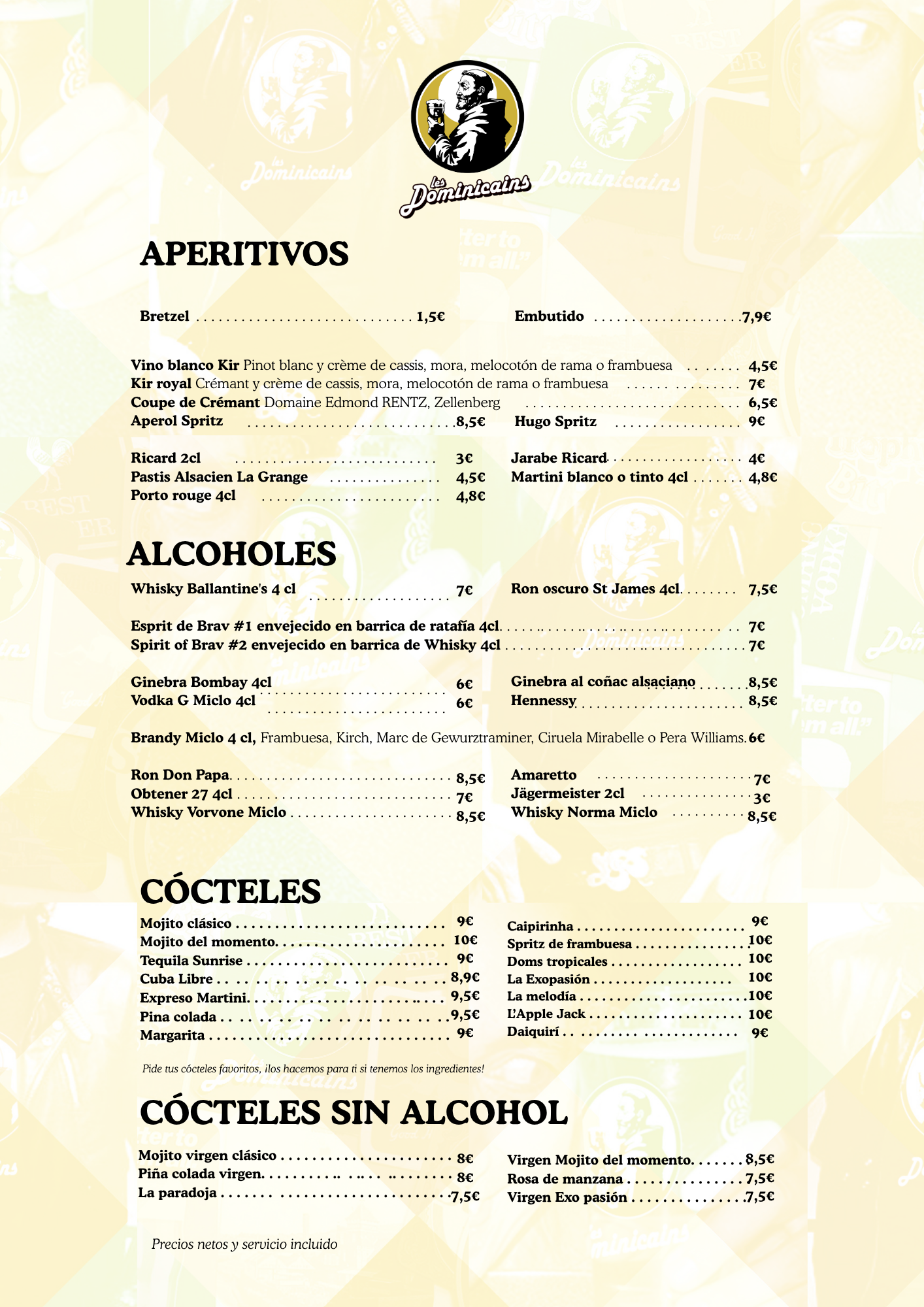 Carte en espagnol des apéritifs, des cocktails et des alcools au bar des Dominicains