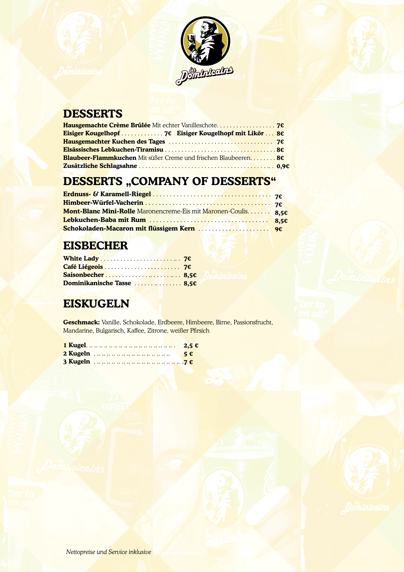 Carte des desserts en allemand, tartes du jour et desserts faits maison, coupes glacées