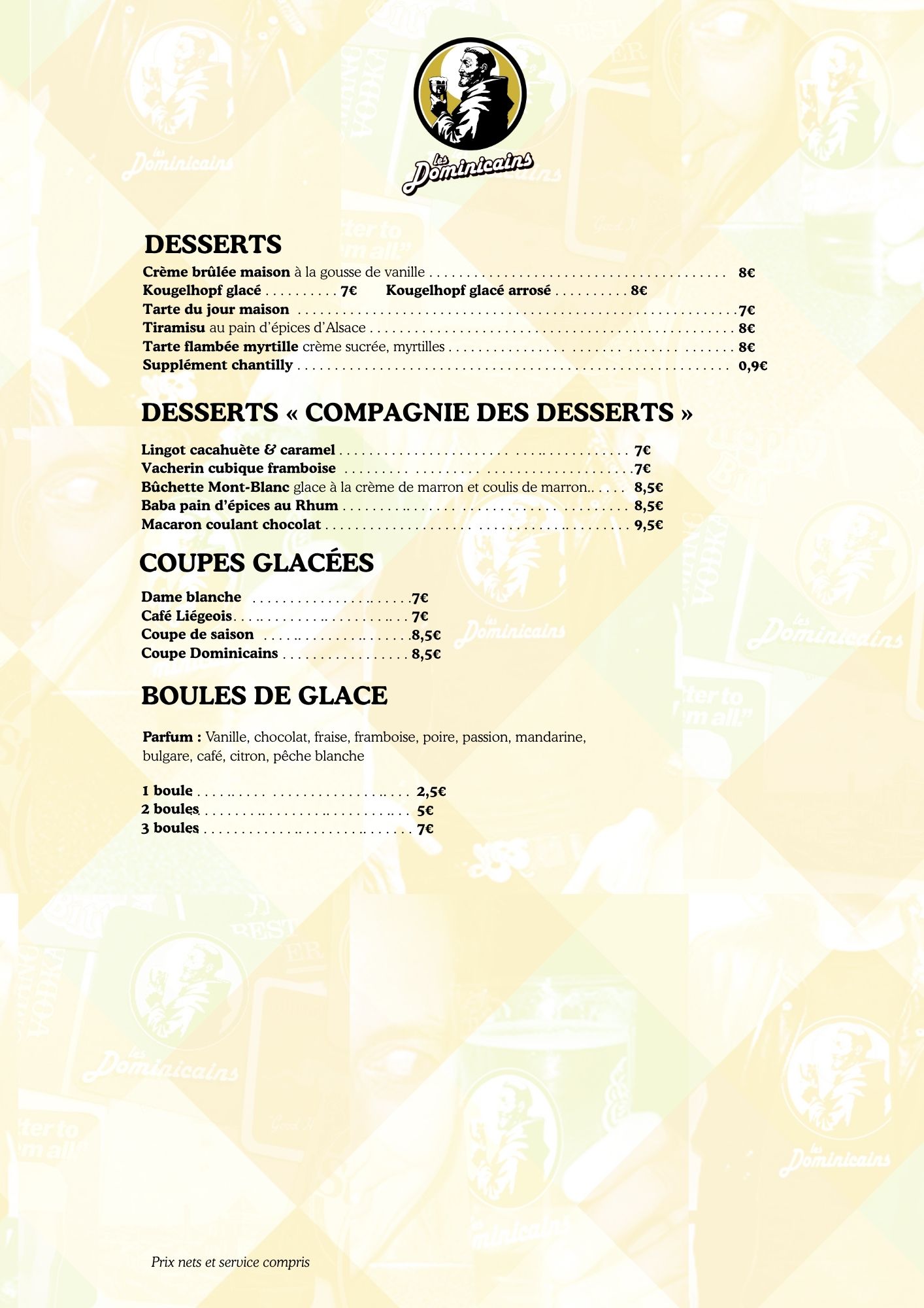 Carte des desserts en français, tartes du jour et desserts faits maison, coupes glacées.