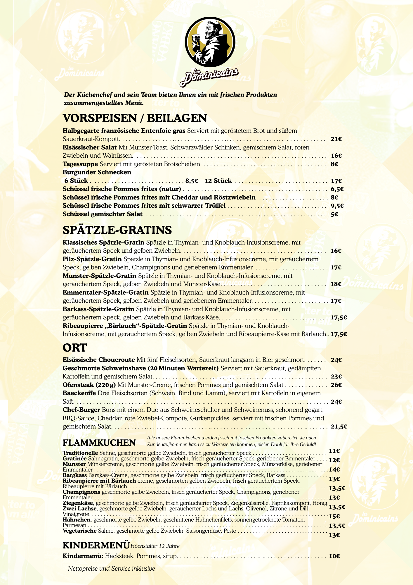 Carte des plats principaux en allemand, gratins de spaetzlés, spécialités alsaciennes, tartes flambées