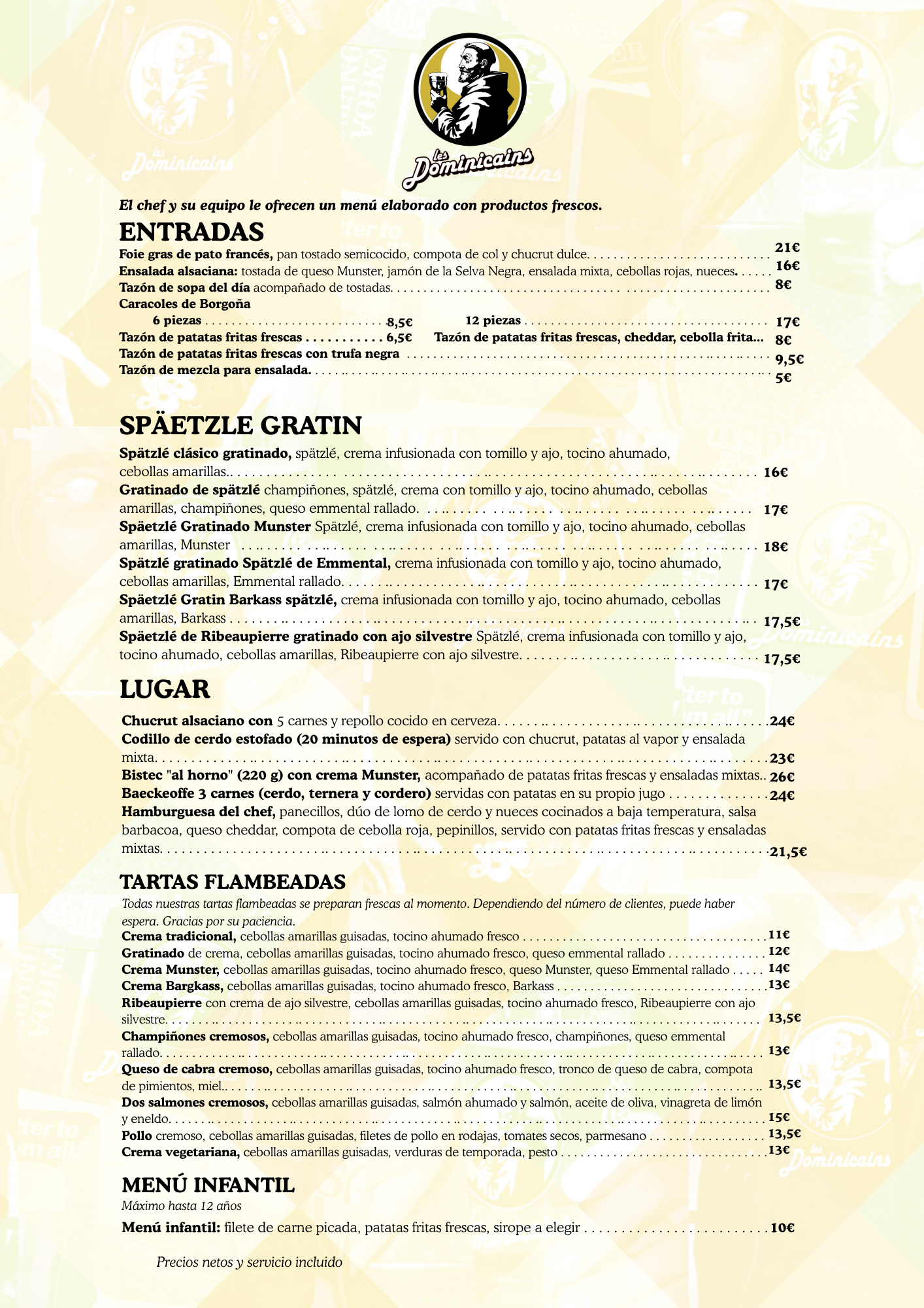 Carte des plats principaux en espagnol, gratins de spaetzlés, spécialités alsaciennes, tartes flambées