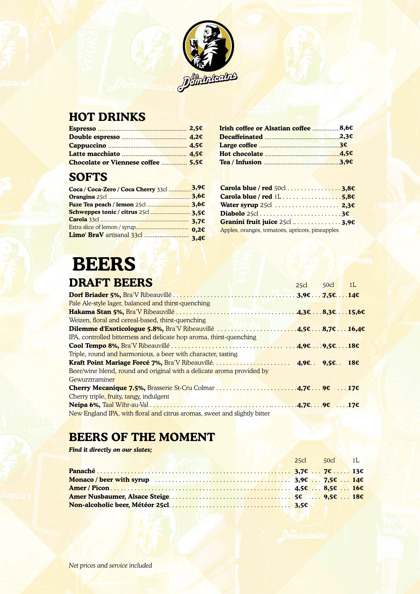 Carte en anglais des bières artisanales, des boissons sans alcool - softs - et des boissons chaudes