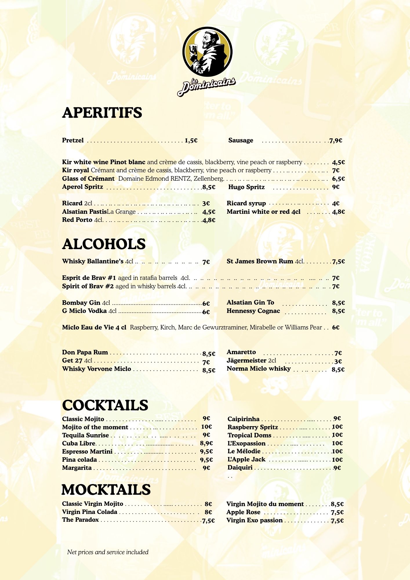 Carte en anglais des apéritifs, des cocktails et des alcools au bar des Dominicains