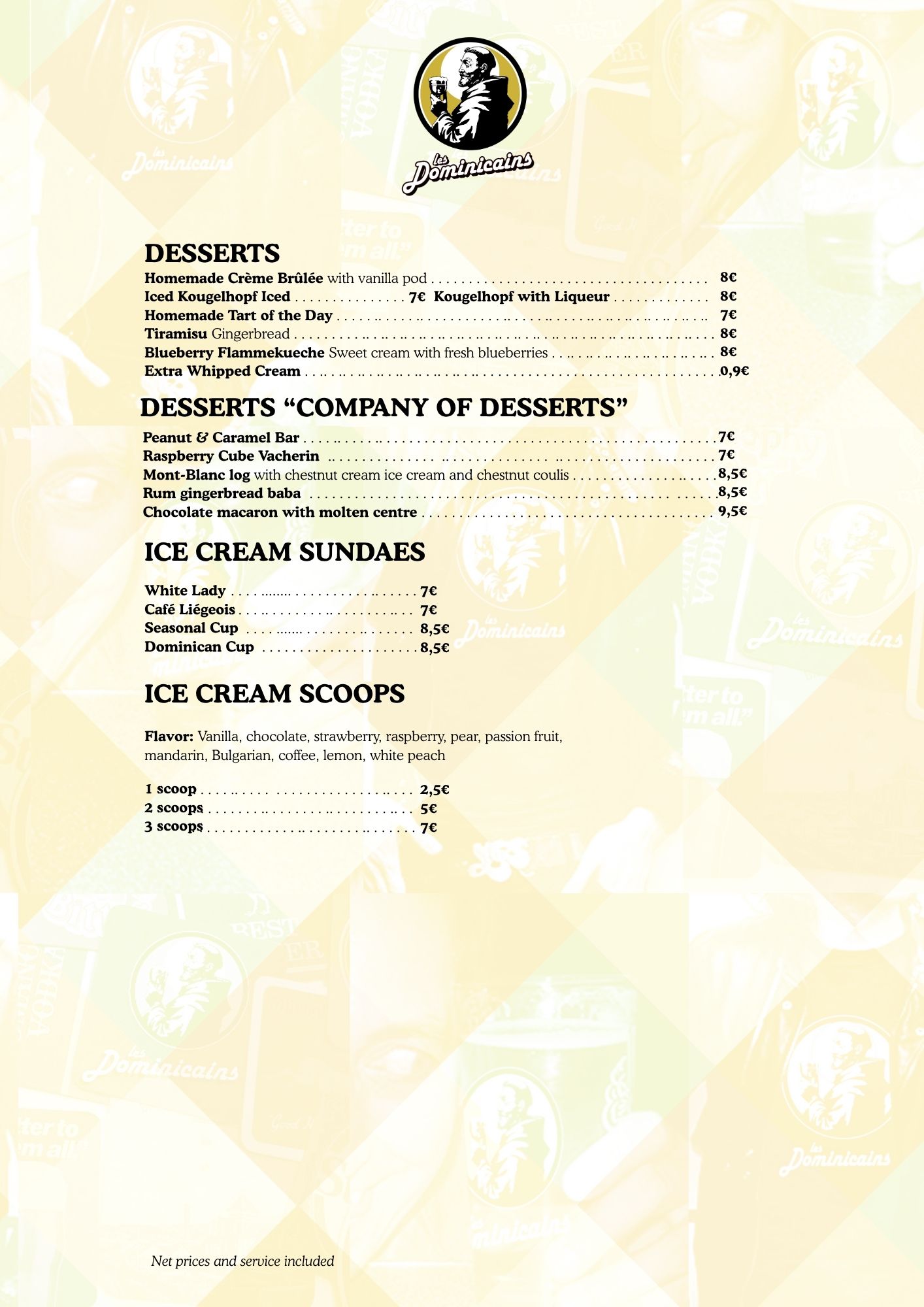 Carte des desserts en anglais, tartes du jour et desserts faits maison, coupes glacées.