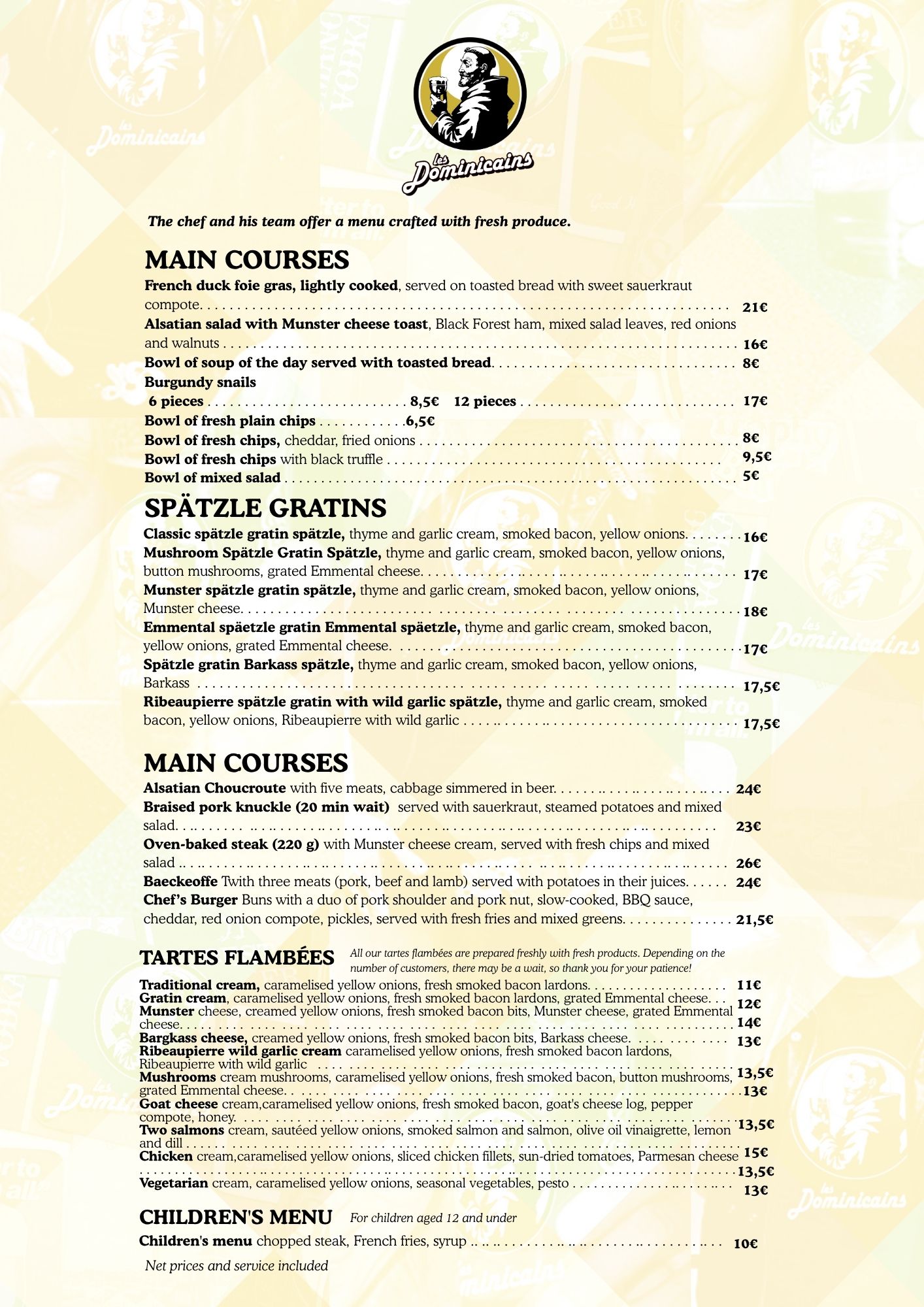 Carte des plats principaux en anglais, gratins de spaetzlés, spécialités alsaciennes, tartes flambées