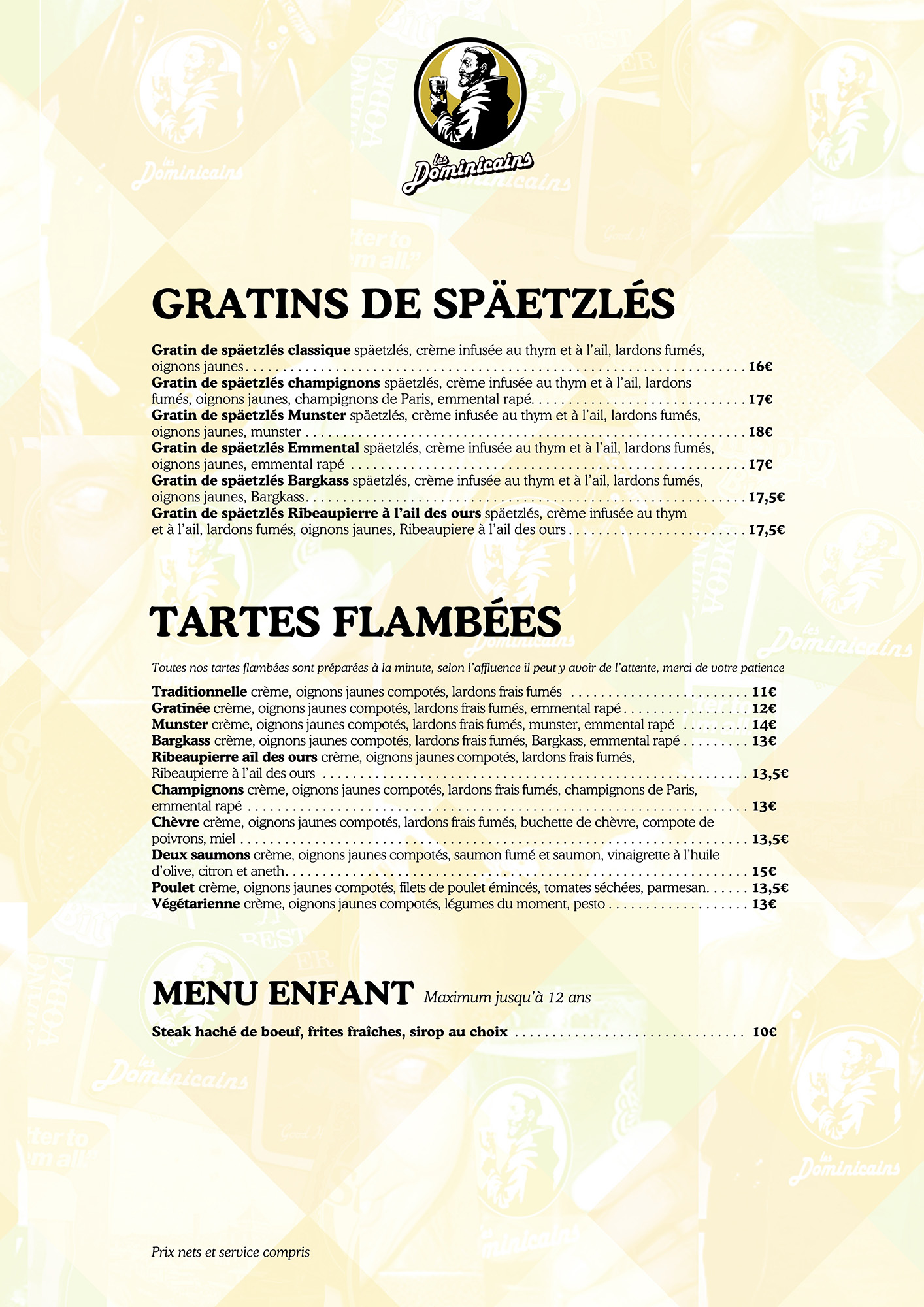 Carte des desserts en français, tartes du jour et desserts faits maison, coupes glacées.