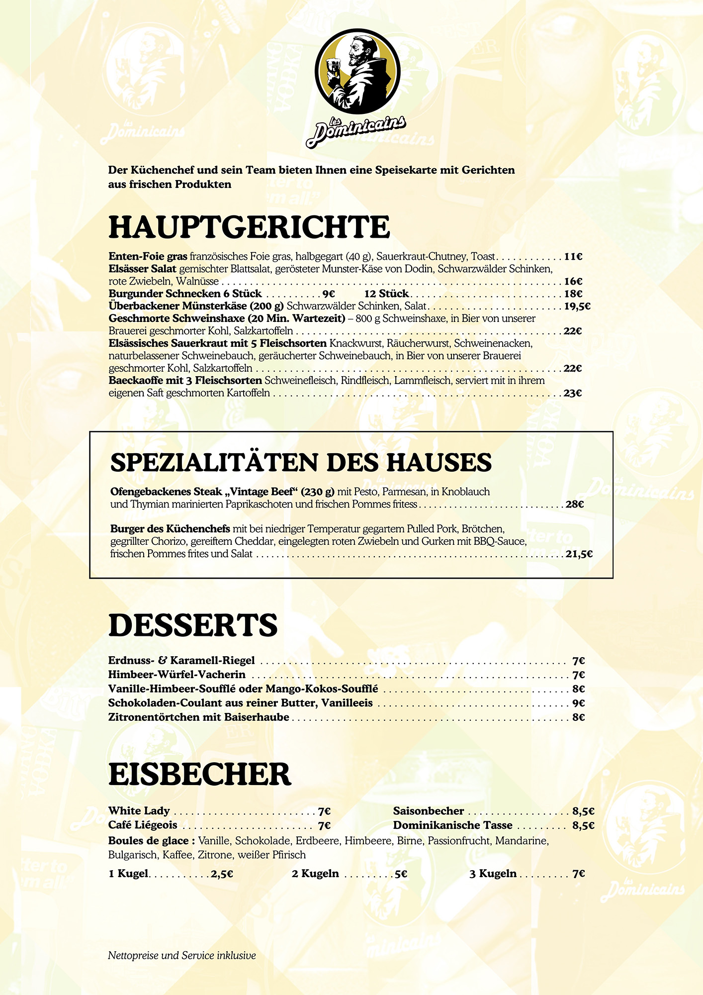 Carte des plats principaux en allemand, gratins de spaetzlés, spécialités alsaciennes, tartes flambées