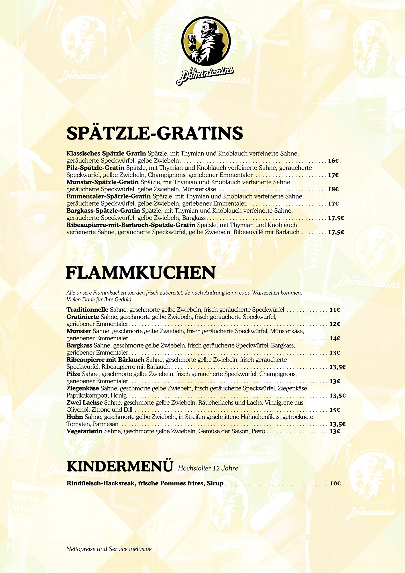 Carte des desserts en allemand, tartes du jour et desserts faits maison, coupes glacées