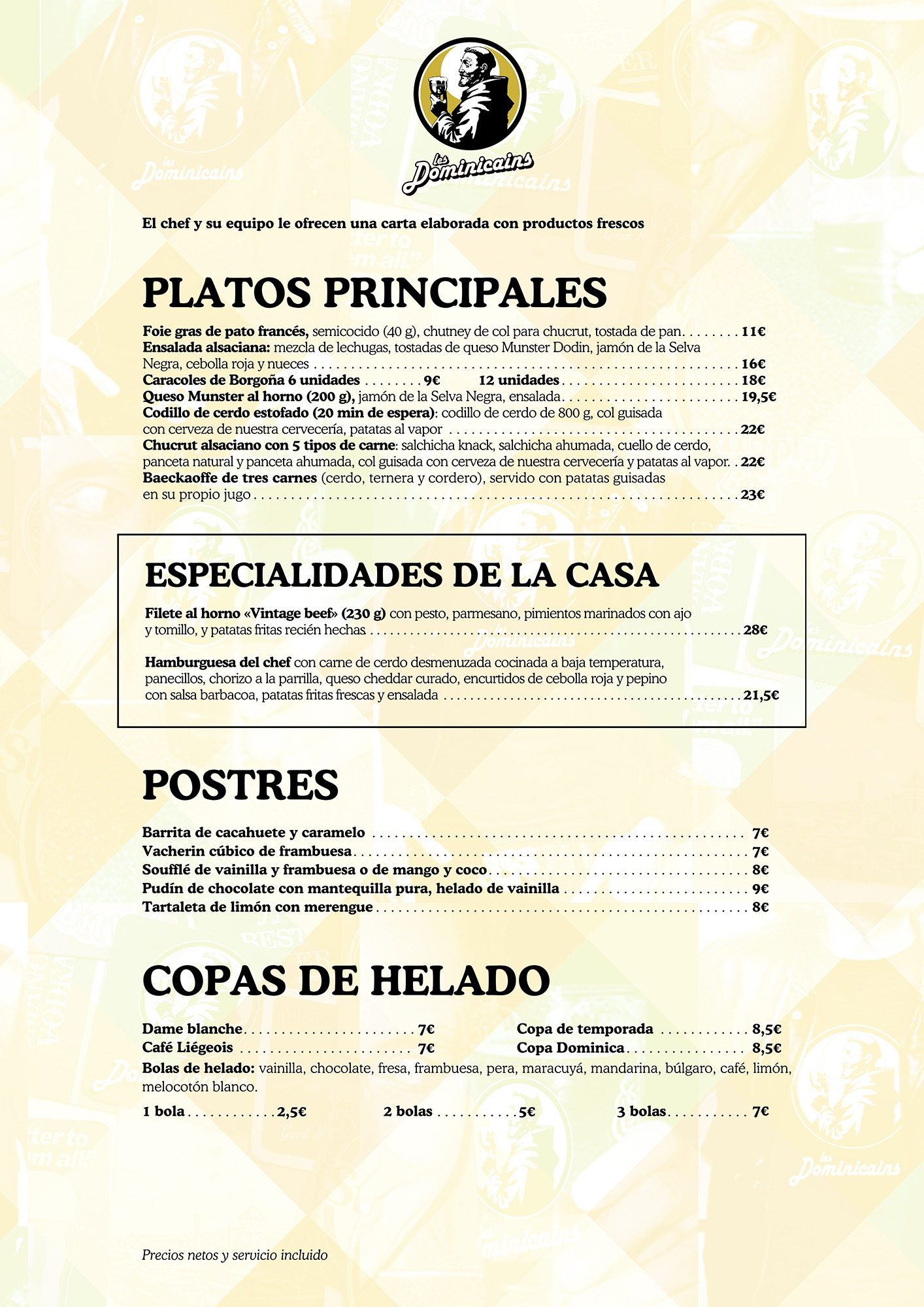 Carte des plats principaux en espagnol, gratins de spaetzlés, spécialités alsaciennes, tartes flambées