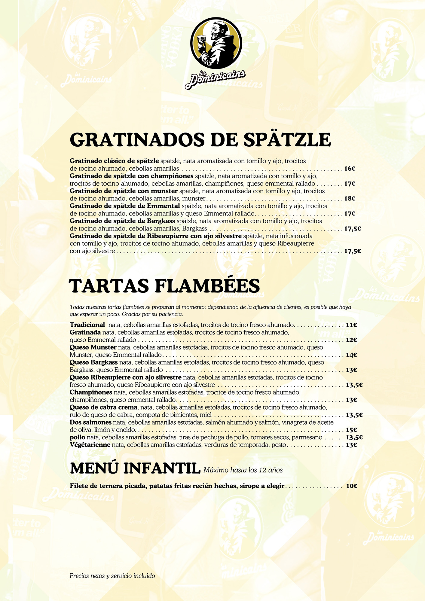 Carte des desserts en espagnol, tartes du jour et desserts faits maison, coupes glacées.