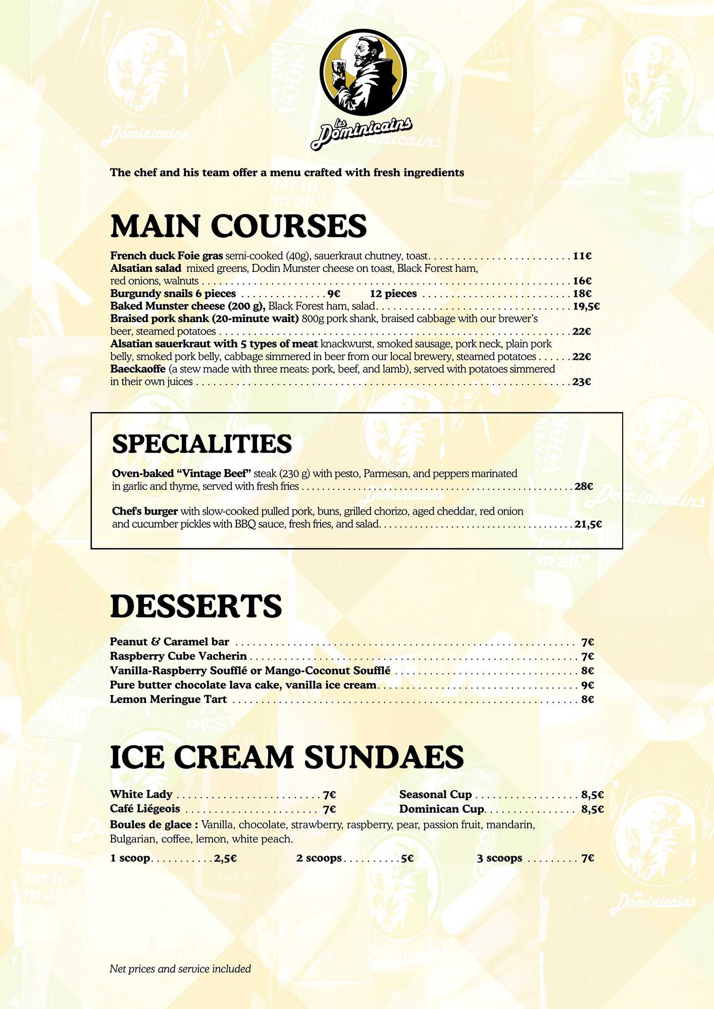 Carte des plats principaux en anglais, gratins de spaetzlés, spécialités alsaciennes, tartes flambées