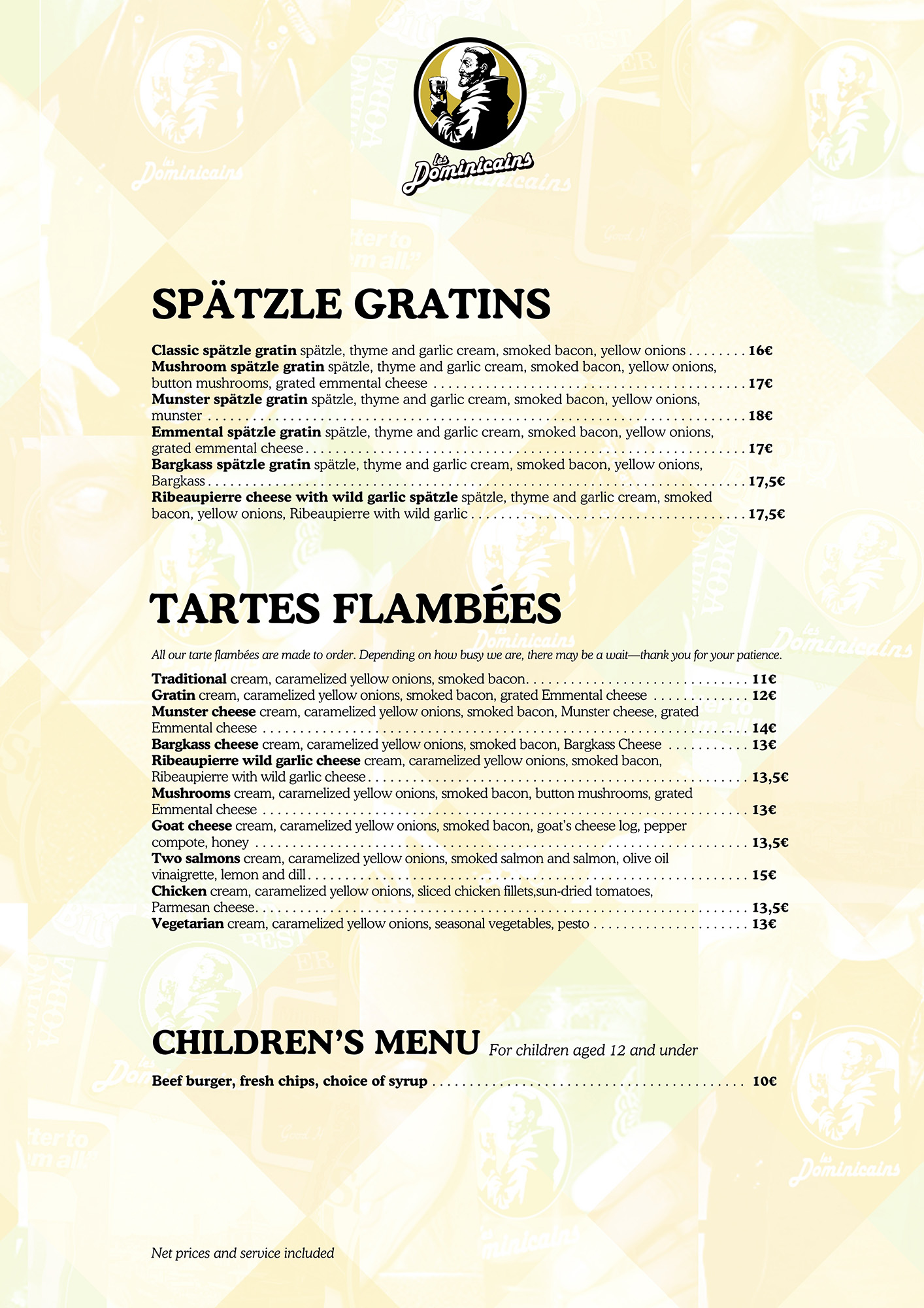 Carte des desserts en anglais, tartes du jour et desserts faits maison, coupes glacées.