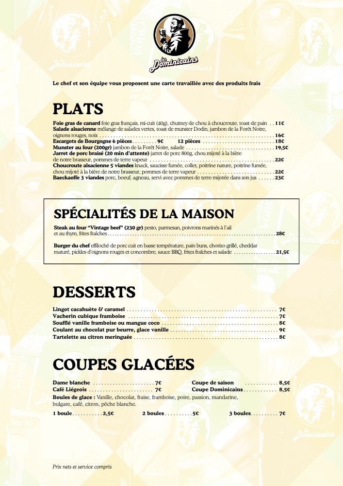 Carte des plats principaux en français, gratins de spaetzlés, spécialités alsaciennes, tartes flambées