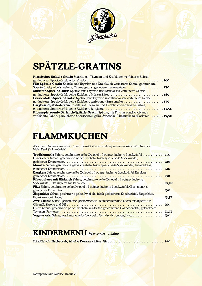 Carte des desserts en allemand, tartes du jour et desserts faits maison, coupes glacées