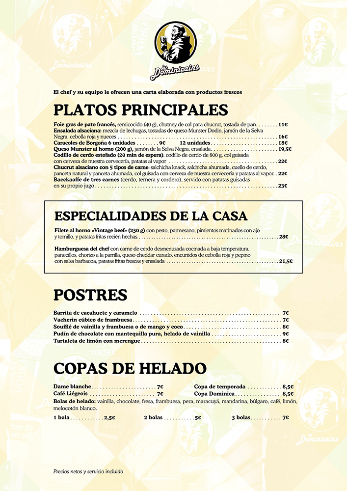 Carte des plats principaux en espagnol, gratins de spaetzlés, spécialités alsaciennes, tartes flambées