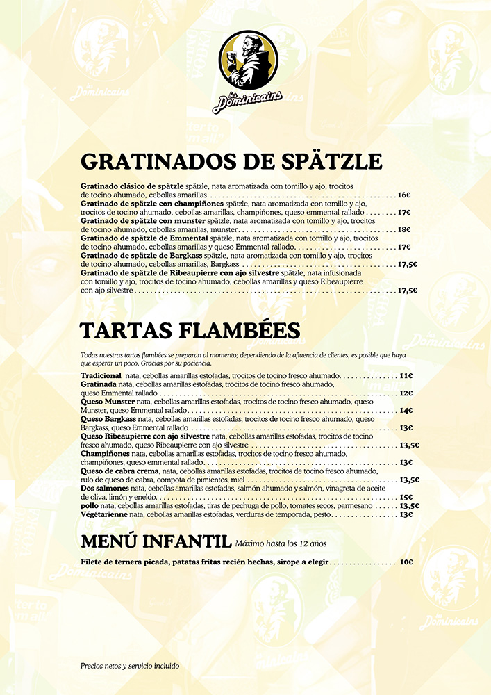 Carte des desserts en espagnol, tartes du jour et desserts faits maison, coupes glacées.